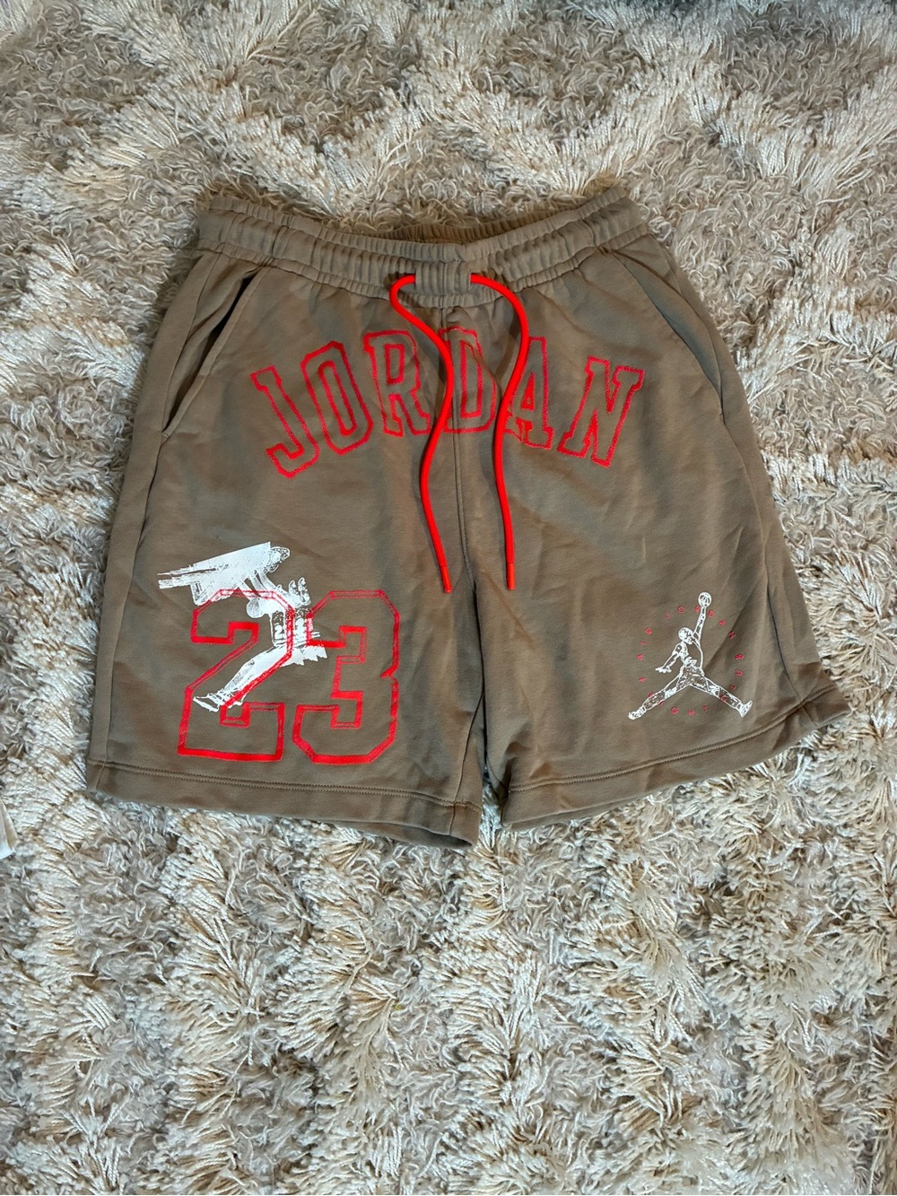 Jordan Olive Athletic Shorts with Red Graphics
